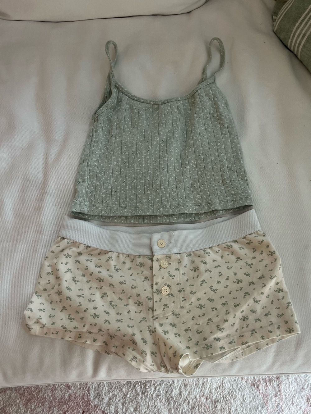 Brandy Melville Green Floral Ribbed Cami + Pajama Short Set